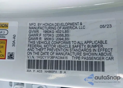 2023 Honda Accord Ex из США, поврежденный, VIN 1HGCY1F38PA034416